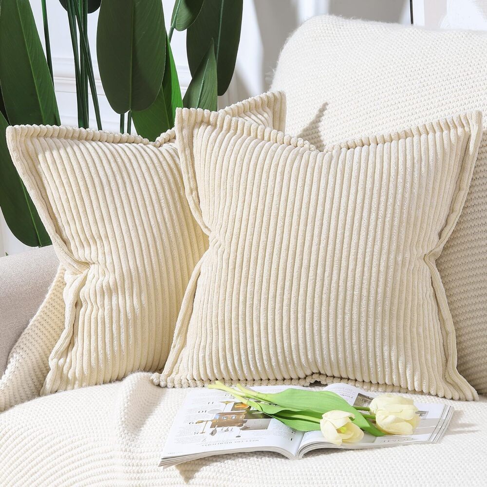 4589 Beige Corduroy Throw Pillow Covers 16x16 inch with Fringe Edge Set of